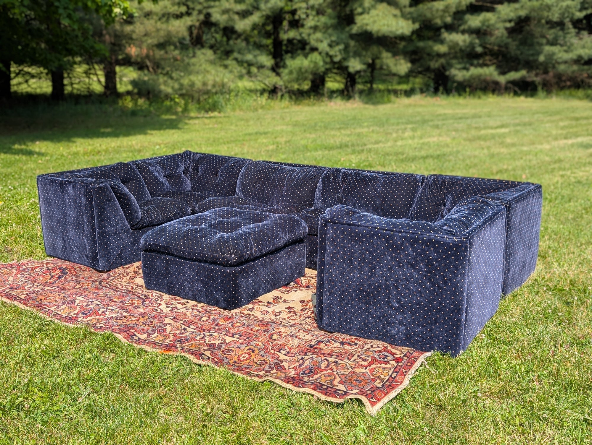 Vintage Blue Velvet 7-piece Playpen Modular Sofa