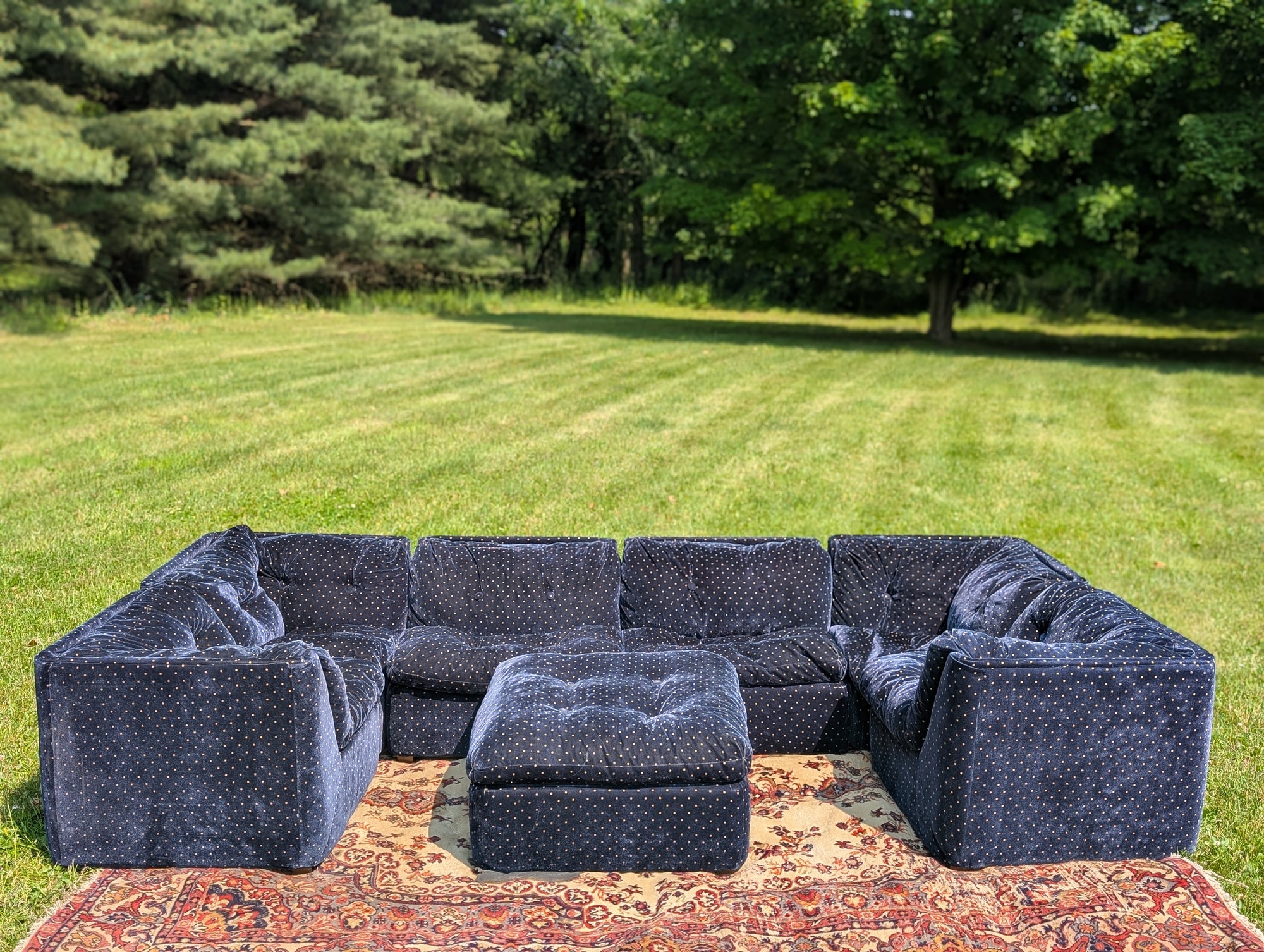 Vintage Blue Velvet 7-piece Playpen Modular Sofa