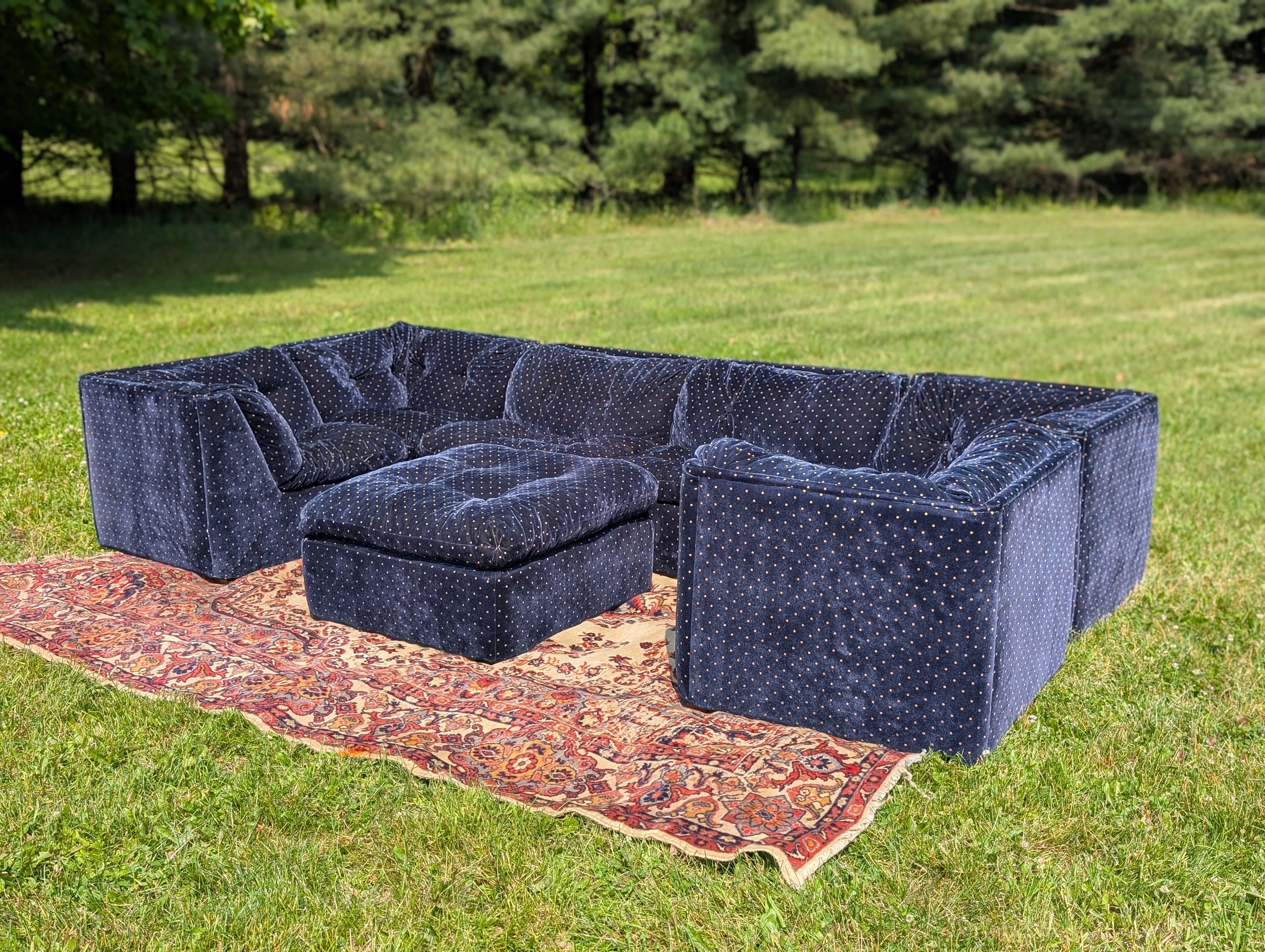 Vintage Blue Velvet 7-piece Playpen Modular Sofa