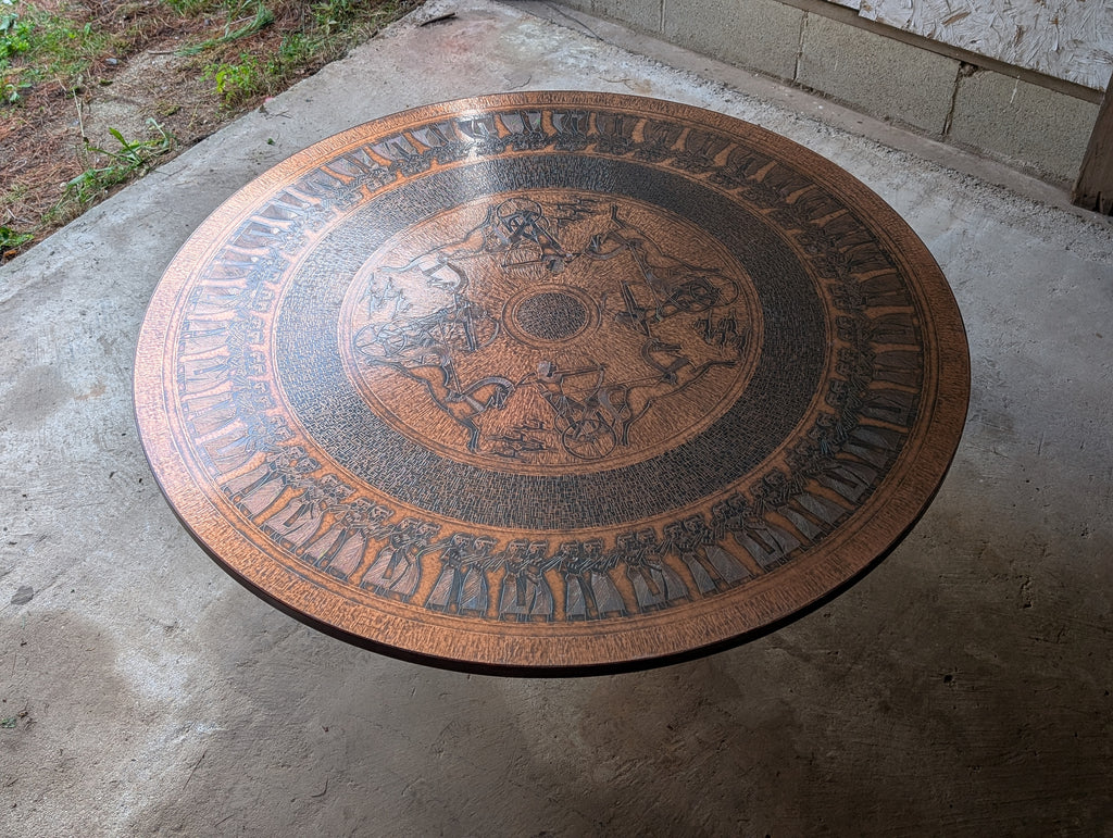 Circular Stamped Copper Egyptian Motif Coffee Table by Oddmund Vad for VAD Trævarefabrik