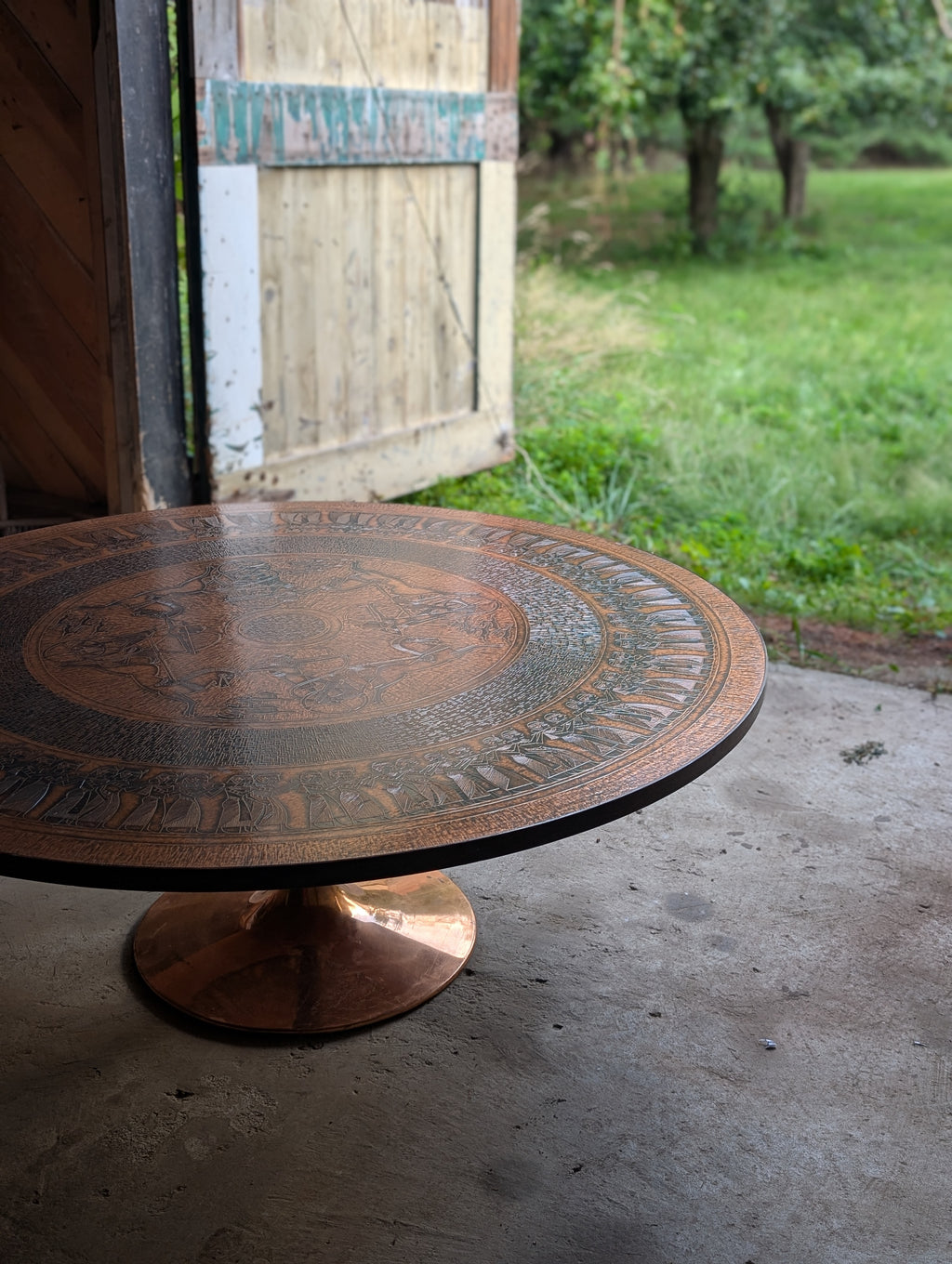 Circular Stamped Copper Egyptian Motif Coffee Table by Oddmund Vad for VAD Trævarefabrik