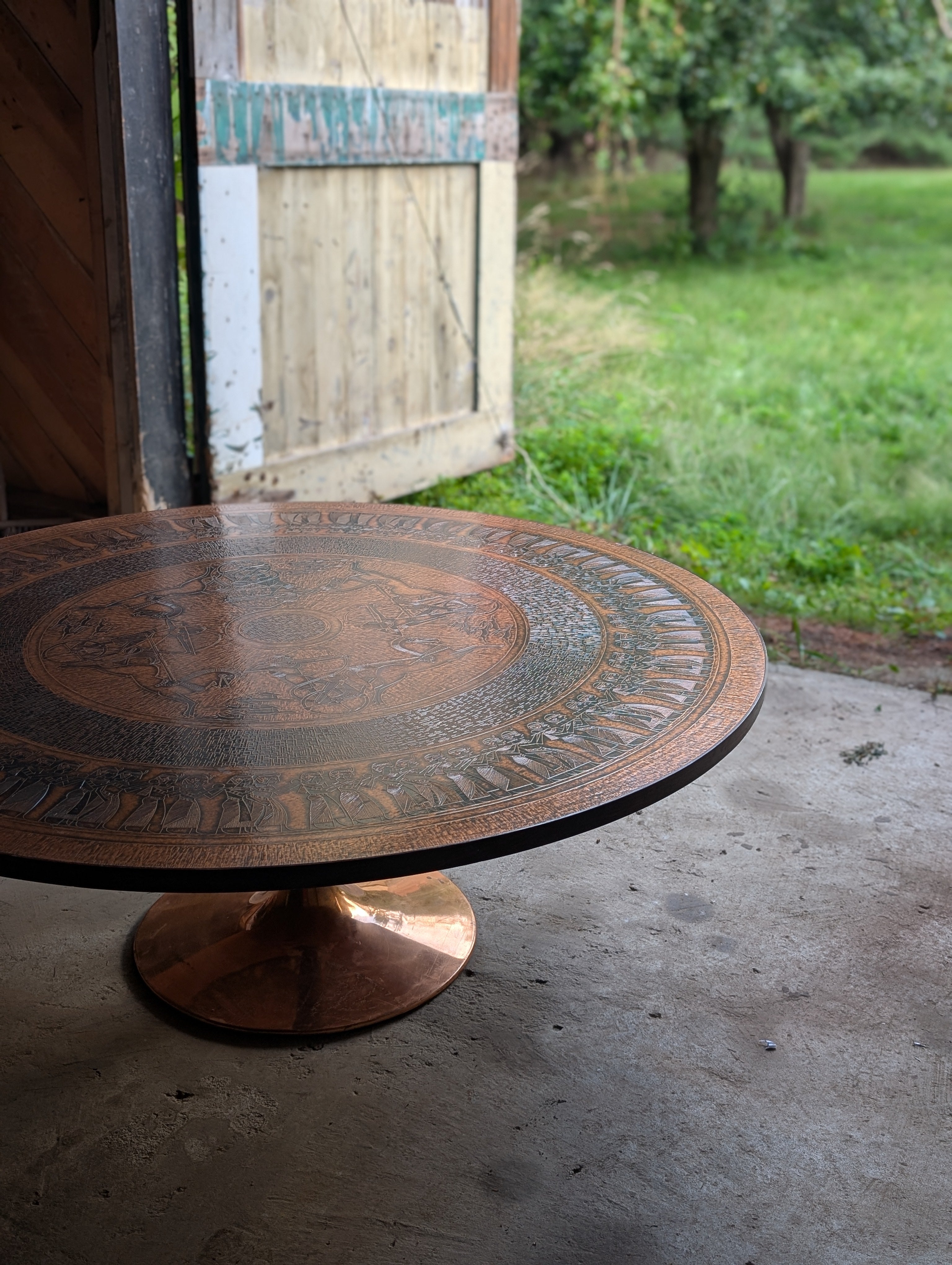 Circular Stamped Copper Egyptian Motif Coffee Table by Oddmund Vad for VAD Trævarefabrik
