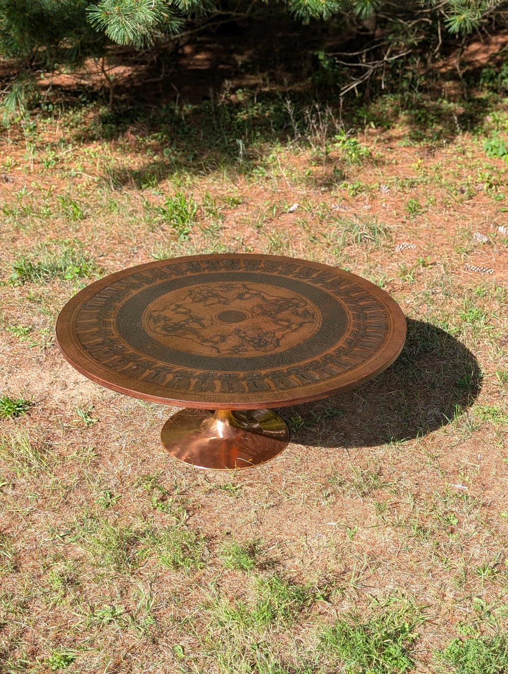 Circular Stamped Copper Egyptian Motif Coffee Table by Oddmund Vad for VAD Trævarefabrik