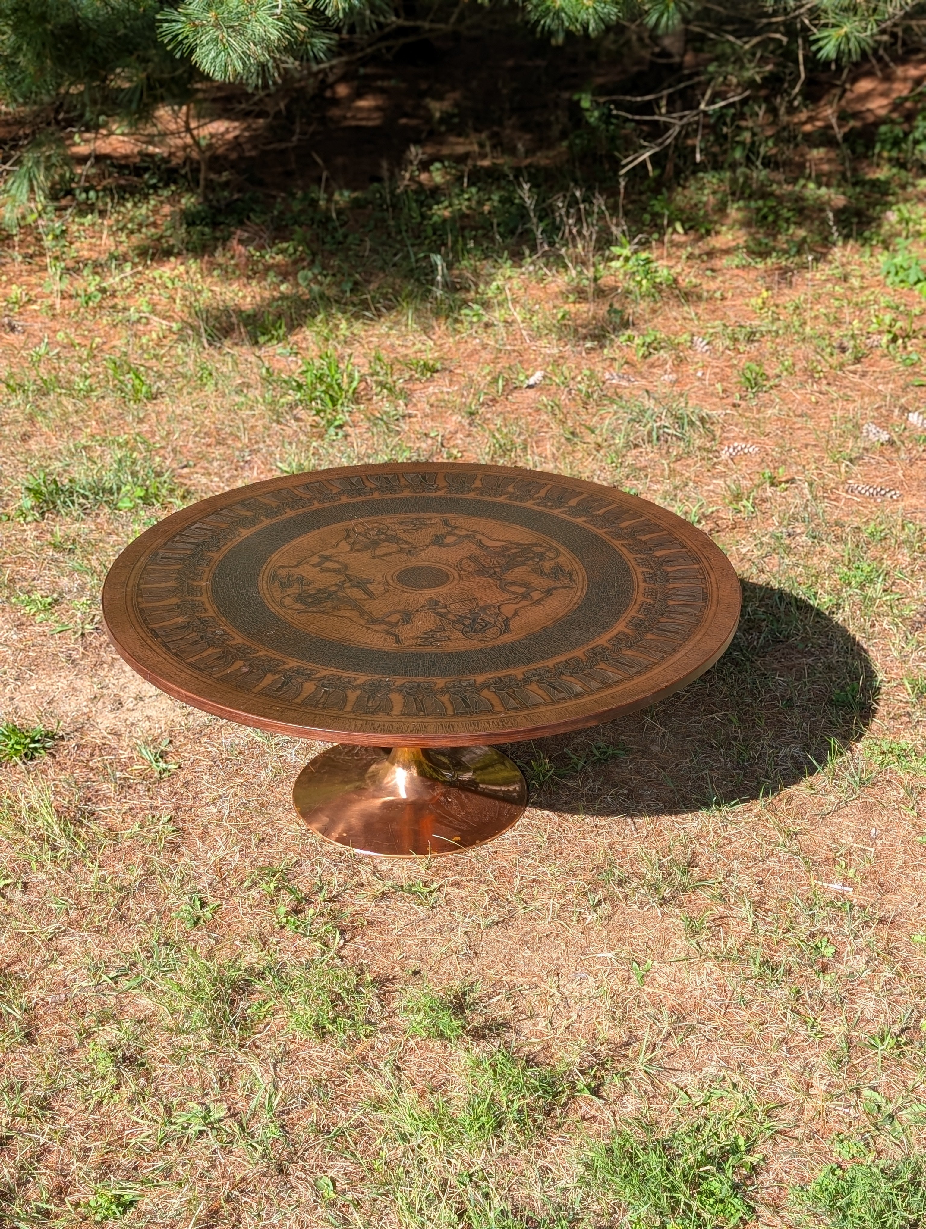 Circular Stamped Copper Egyptian Motif Coffee Table by Oddmund Vad for VAD Trævarefabrik