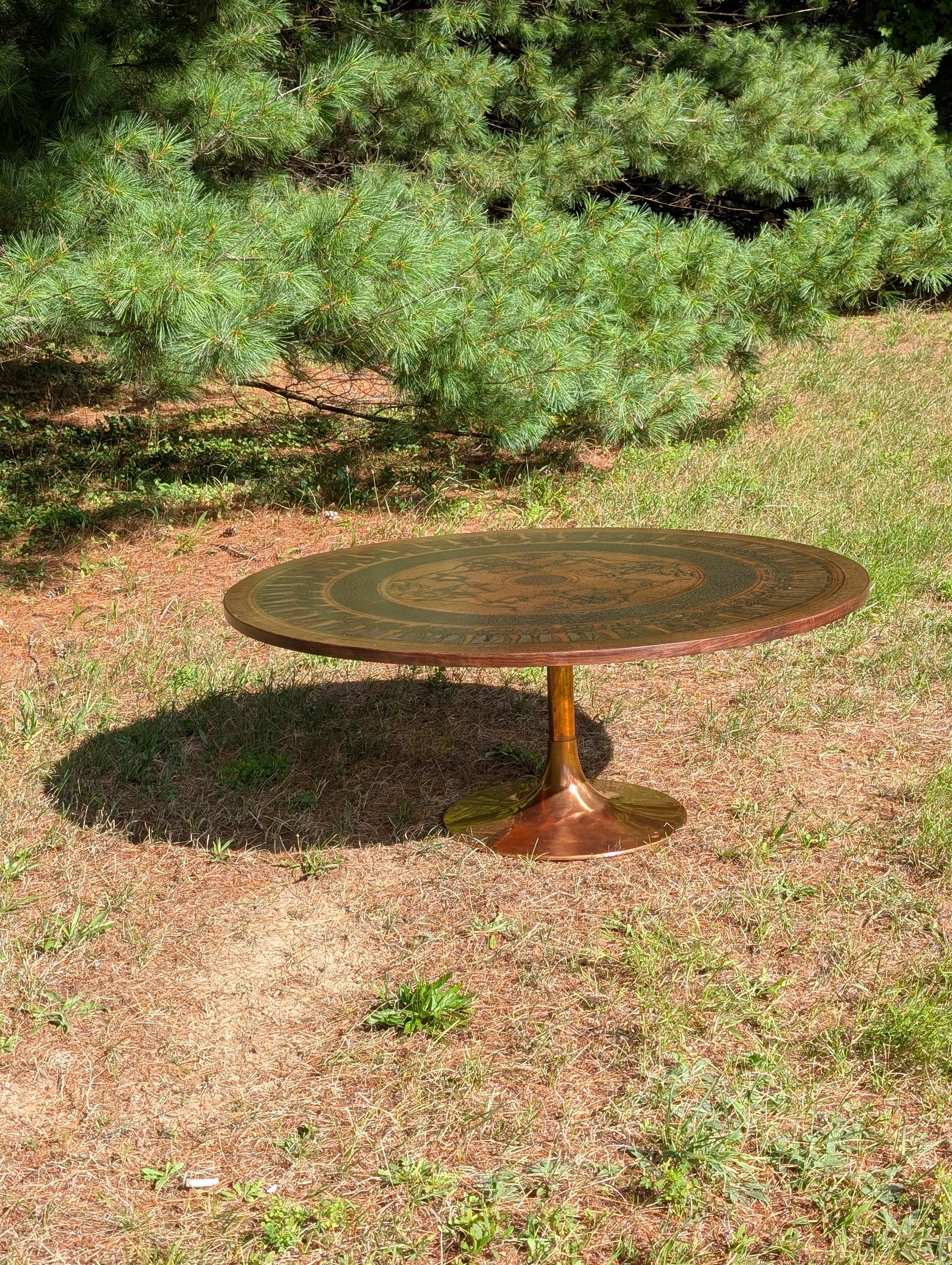 Circular Stamped Copper Egyptian Motif Coffee Table by Oddmund Vad for VAD Trævarefabrik