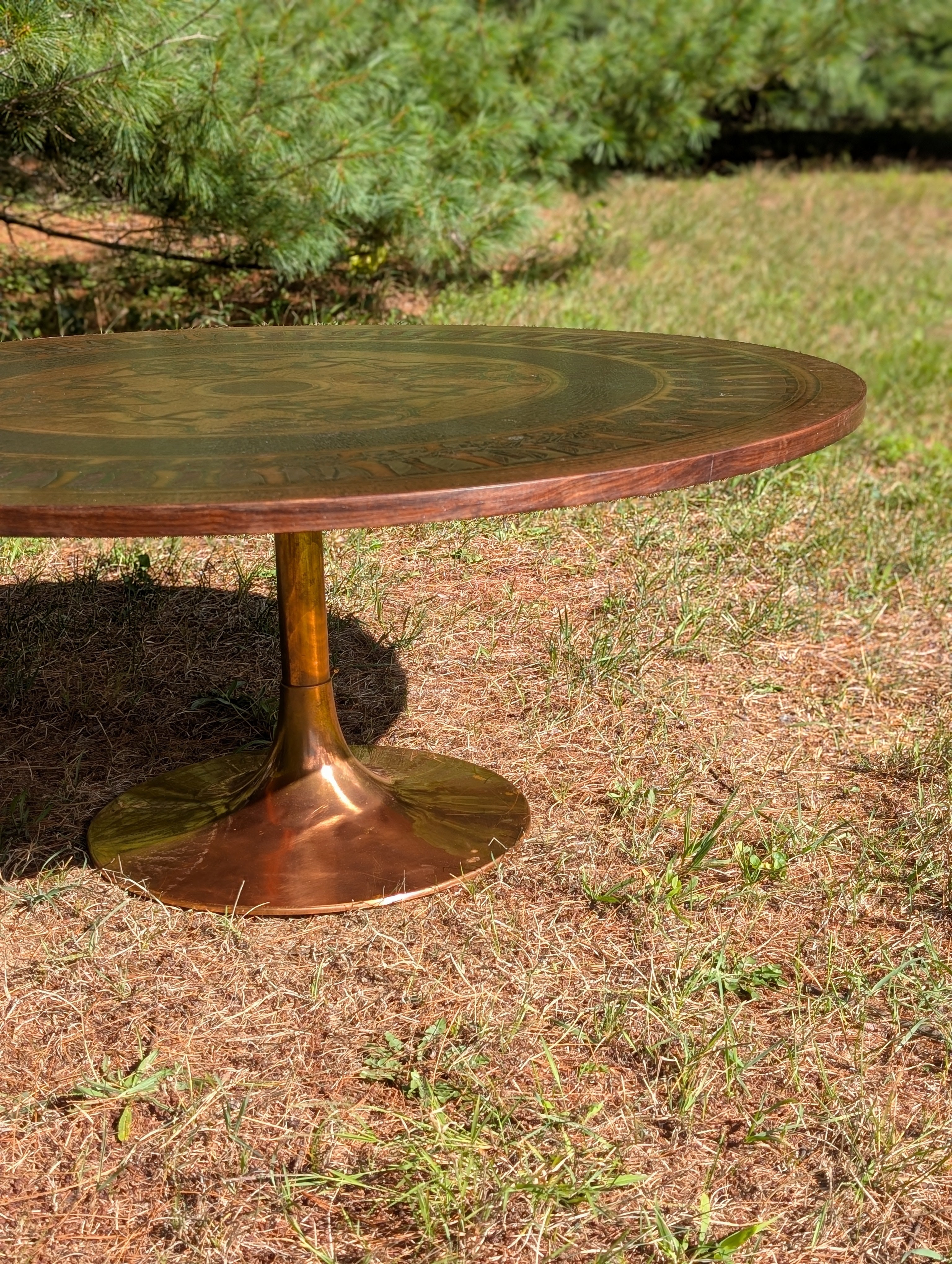Circular Stamped Copper Egyptian Motif Coffee Table by Oddmund Vad for VAD Trævarefabrik