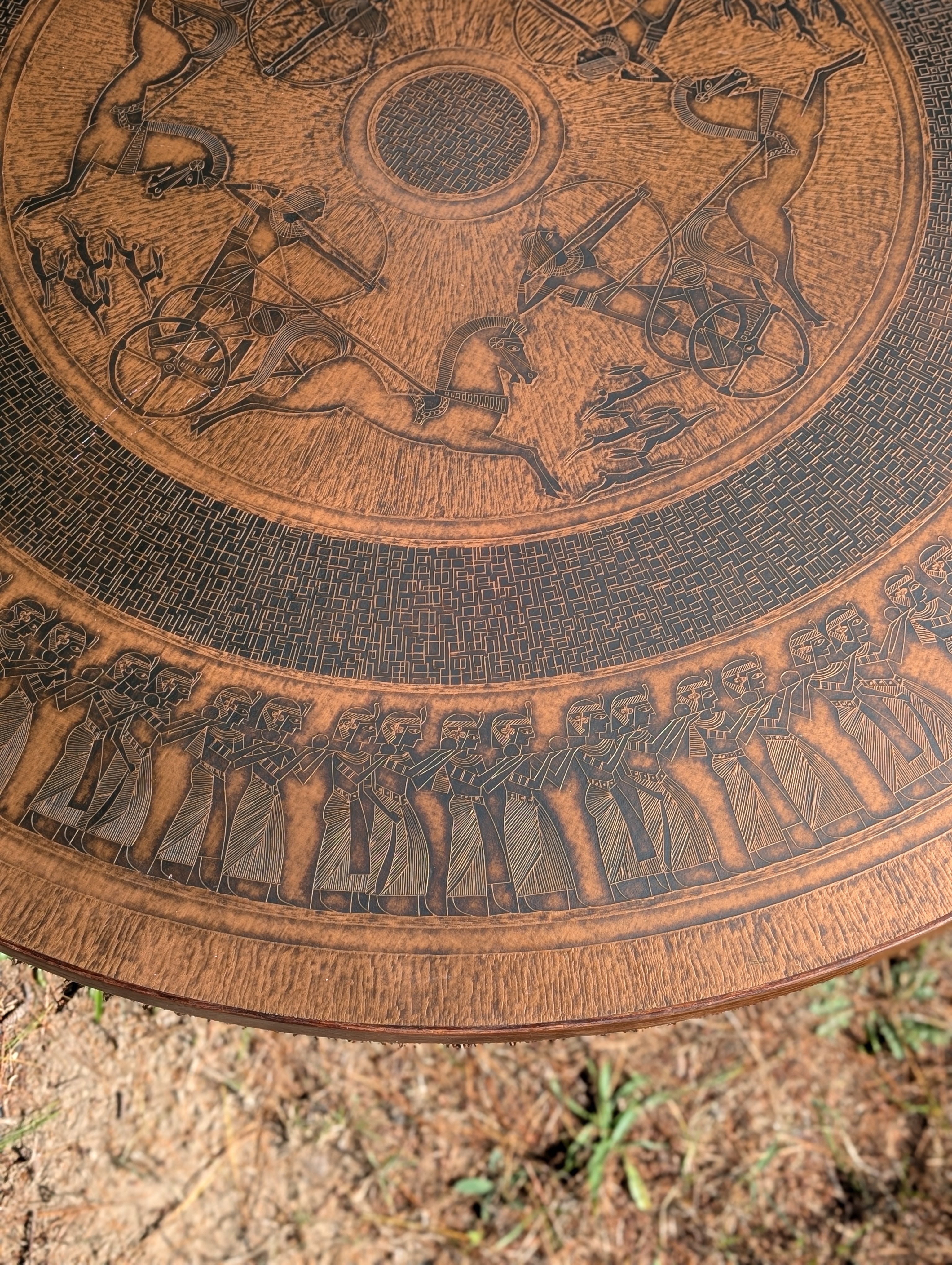 Circular Stamped Copper Egyptian Motif Coffee Table by Oddmund Vad for VAD Trævarefabrik