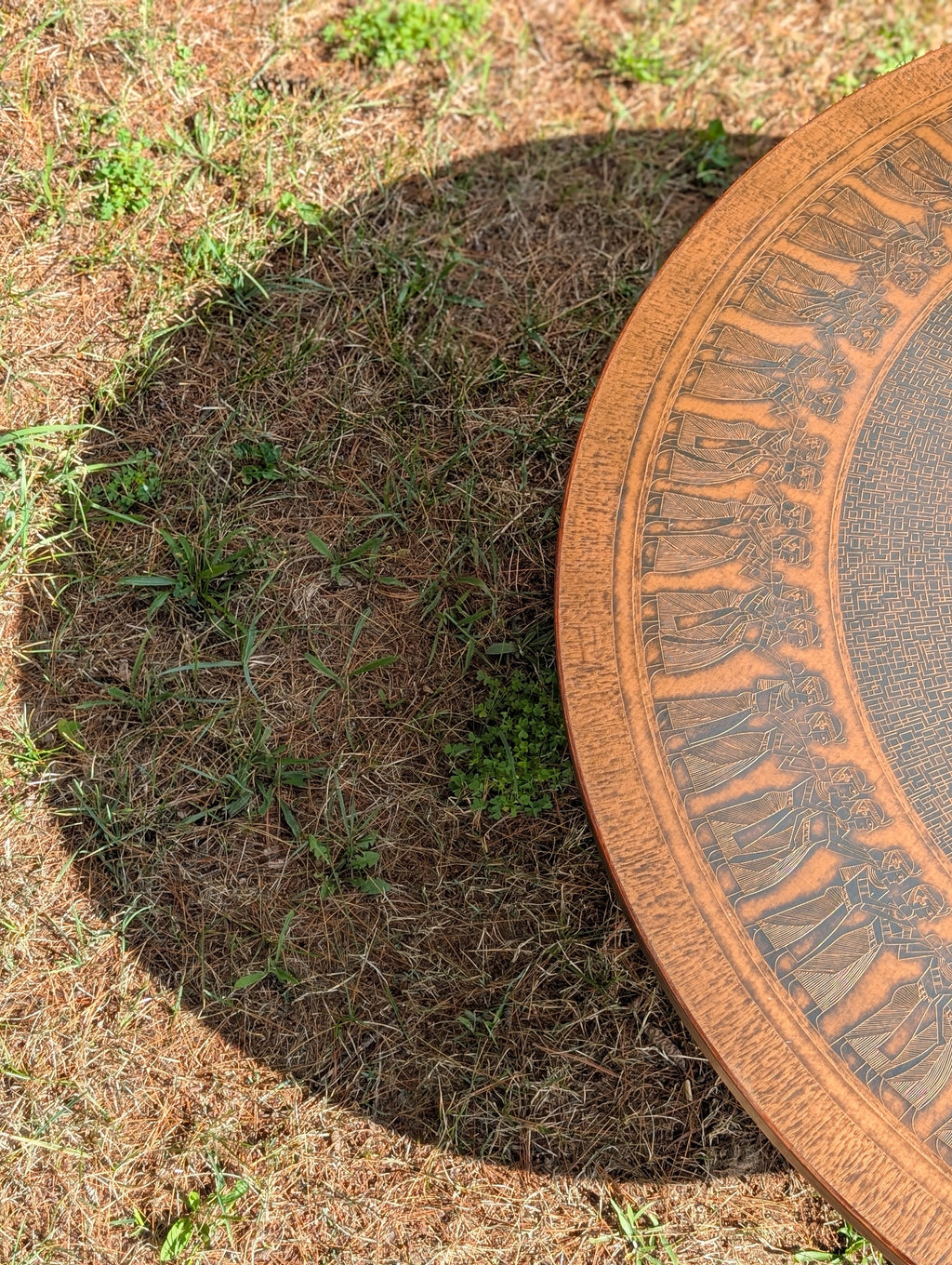 Circular Stamped Copper Egyptian Motif Coffee Table by Oddmund Vad for VAD Trævarefabrik