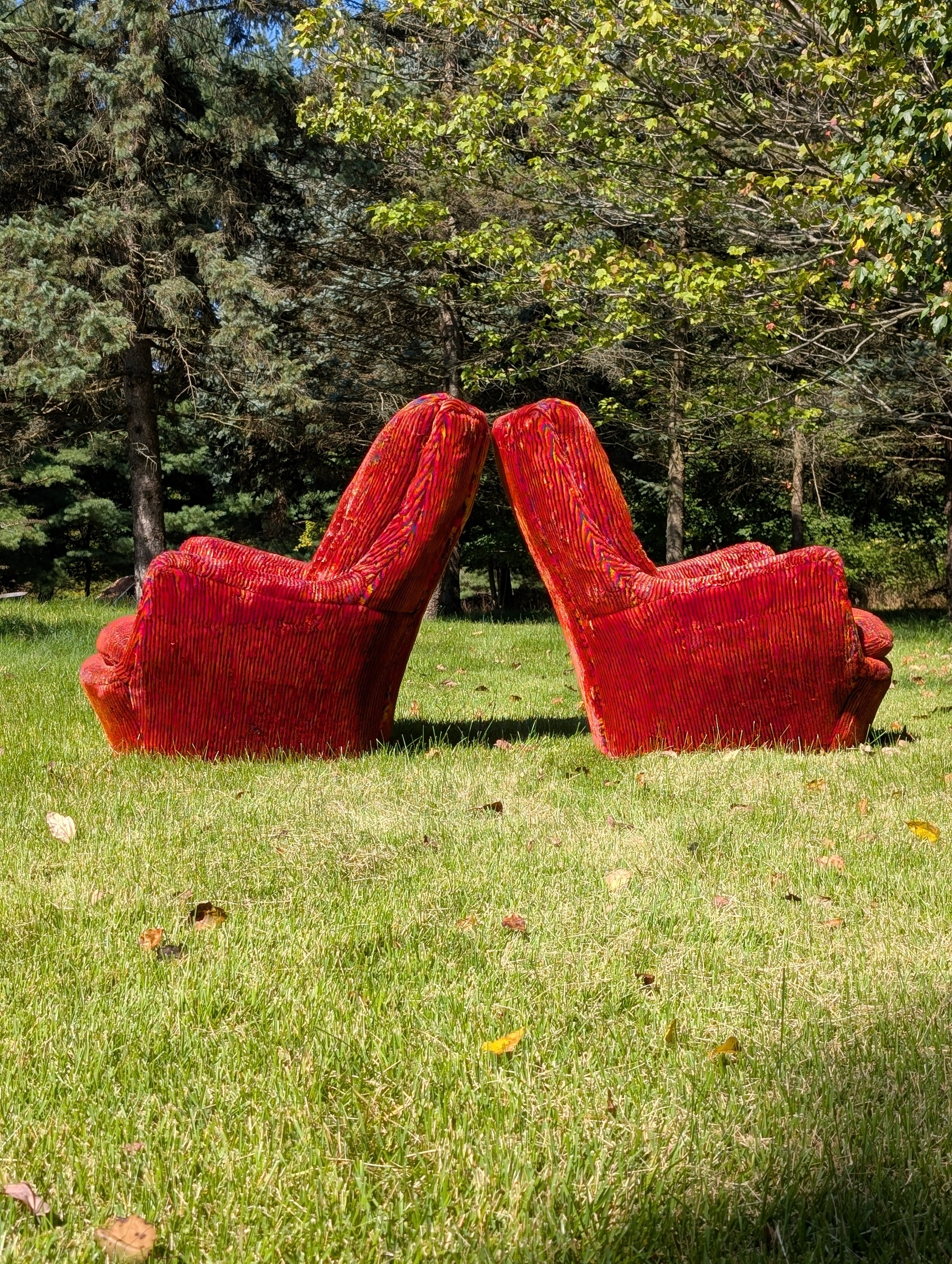 Pair of Milo Baughman for Thayer Coggin Rainbow Stripe High-Back Lounge Chairs, c. 1970s